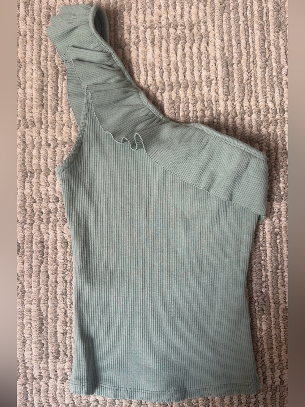 One-Shoulder Ruffle Ribbed Shirt - Sage Green